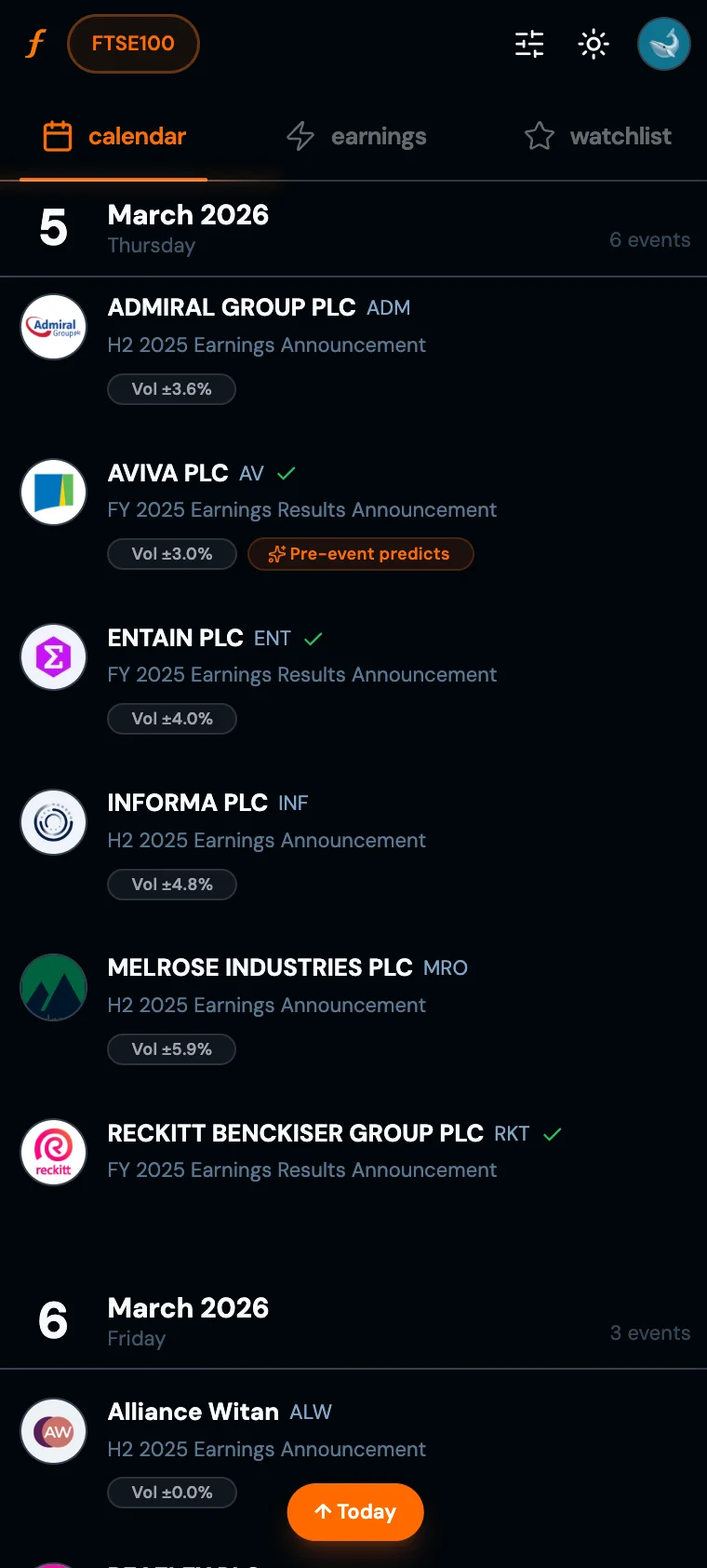 Earnings calendar - FTSE 100