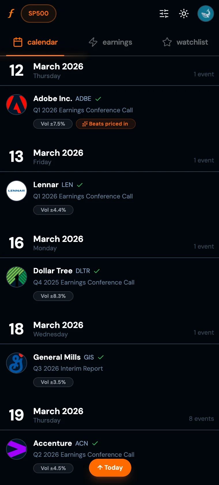 Earnings calendar - S&P 500